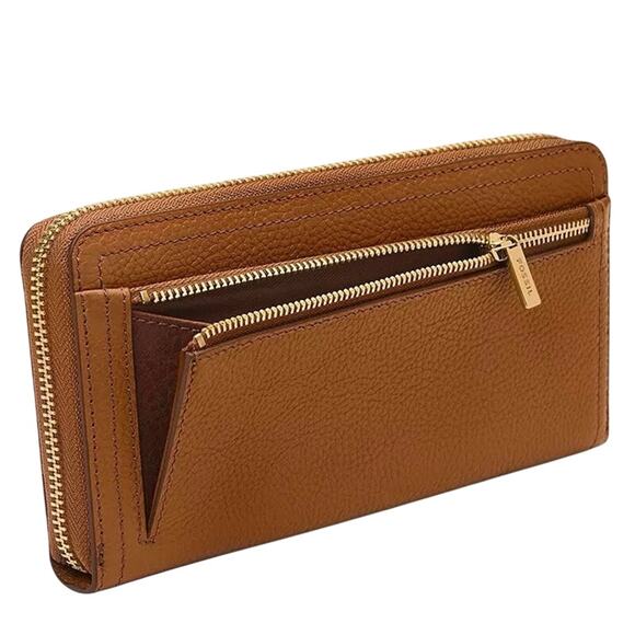 Fossil Wallet Logan RFID Zip Clutch Saddle color Leather gold hardware wristlet - Picture 4 of 7